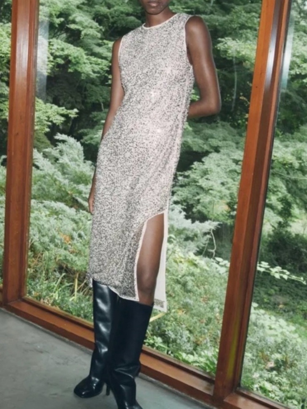 Sleeveless Silver Sequin Midi Dress